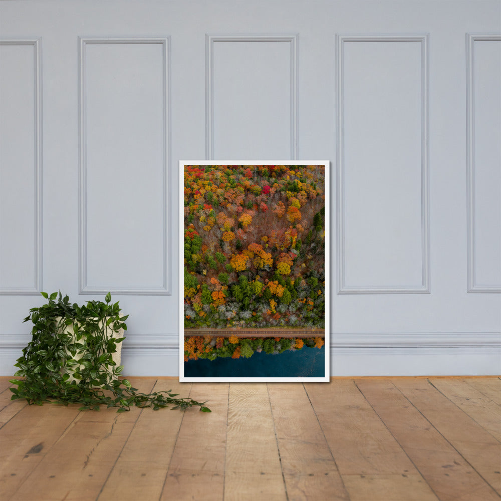 The North Grosvenordale Pond in Fall - Aerial Vertical Panoramic Framed poster